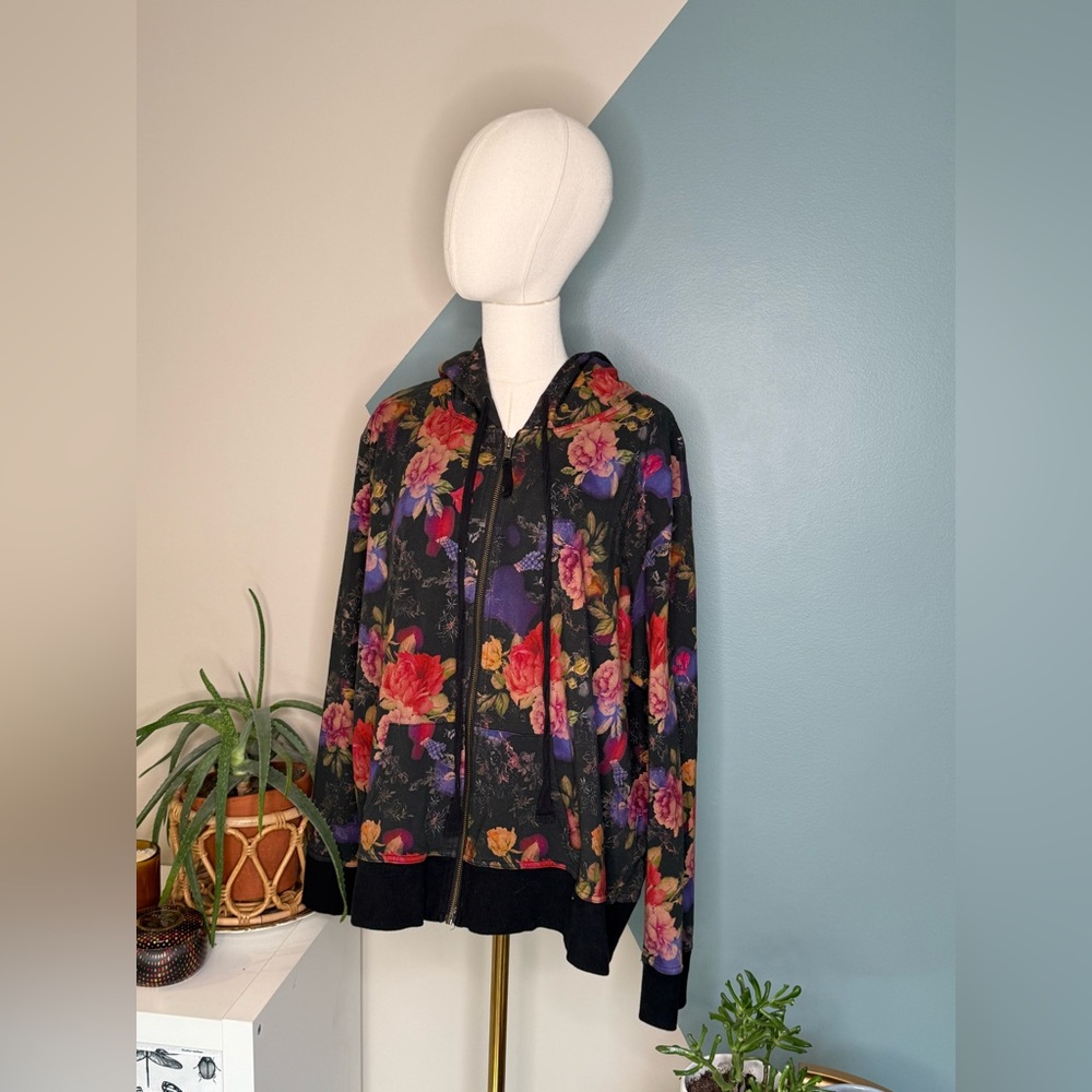 Johnny Was Los Angeles Floral Zip Hoodie XXL Black Cotton Stretch Boho Artsy - Picture 3 of 13